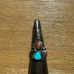 Sterling Silver Turquoise and Coral Ring SZ 6